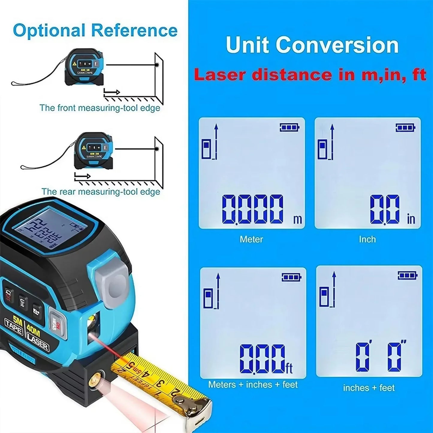 3-In-1 Laser Tape Measure 40/60M Meters Infrared