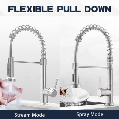 Single-Hole Spring Kitchen Faucet With Pull-Down Sprayer