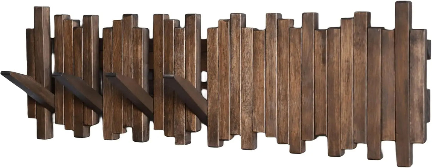 Natural Wood Coat Hook Rack Wall-Mounted Flip Down Coat Holder