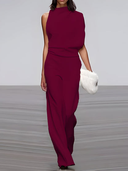 Women's round-neck, sleeveless jumpsuit with flared legs